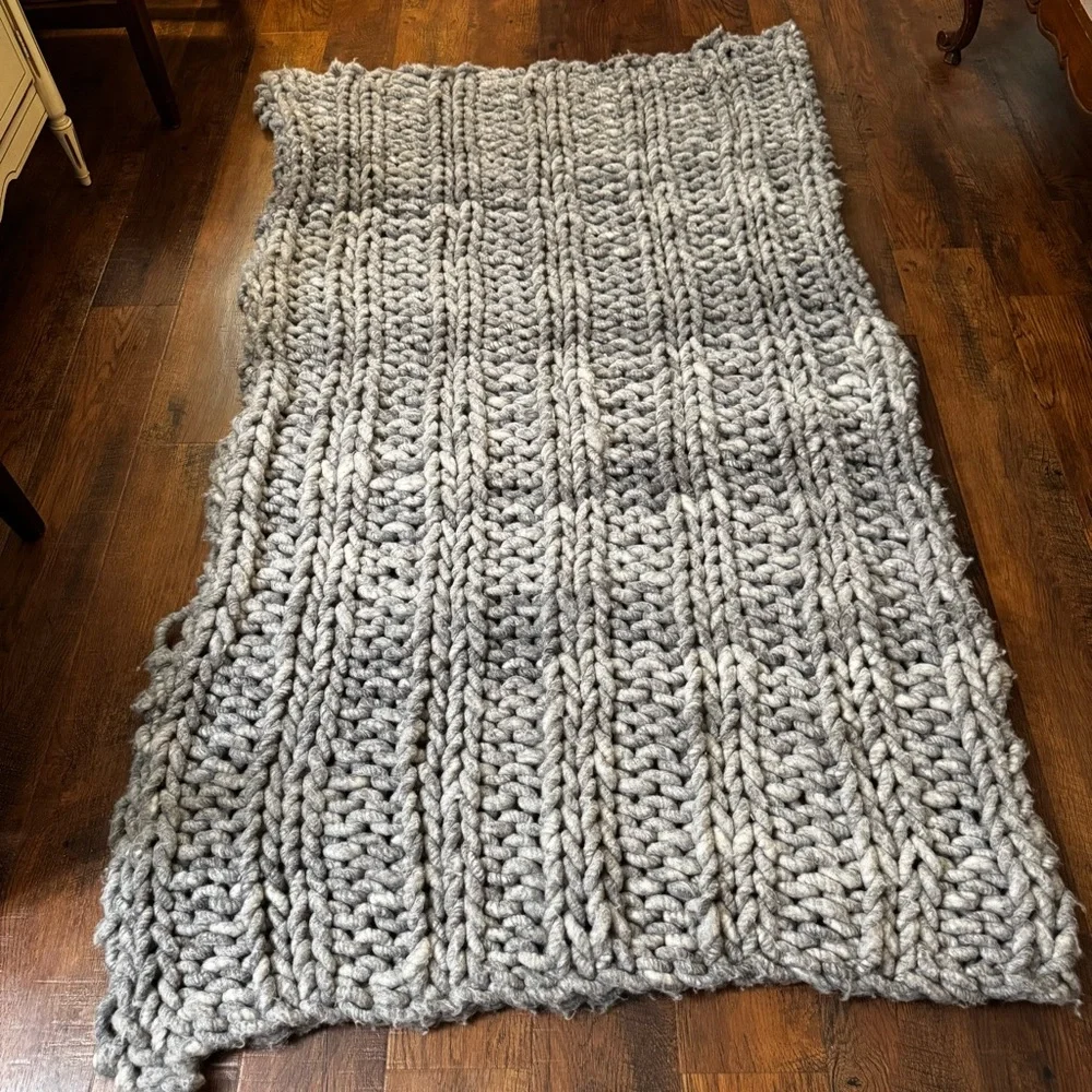 Hand knit, Merino wool, shades of grey, large chunky knit throw